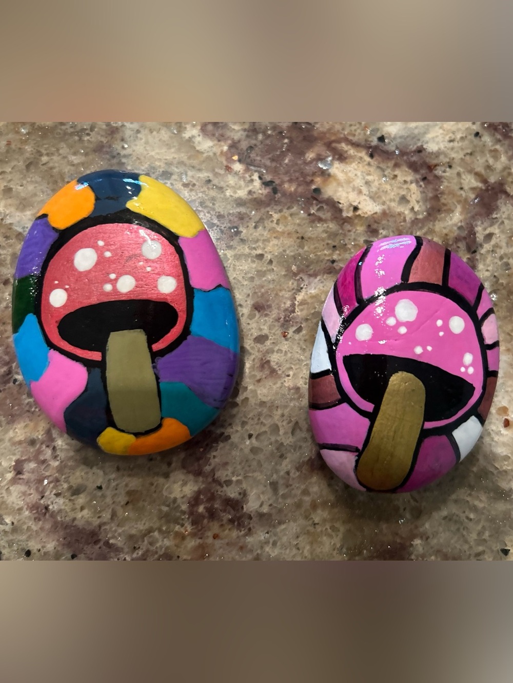 Hand-Painted Pink and Multicolor Mushroom Stone Art -Abstract-Paperweight-Garden